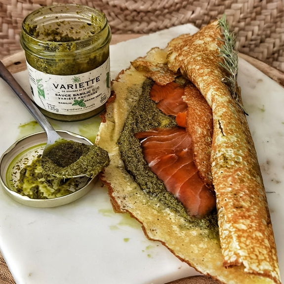 Crêpes au Pesto de Basilic & truite fumée Variette